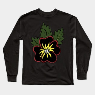 Moody two toned black and red pansy illustration with contrasting white and yellow centre surrounded by green leaves, great gift for a flower lover! Long Sleeve T-Shirt